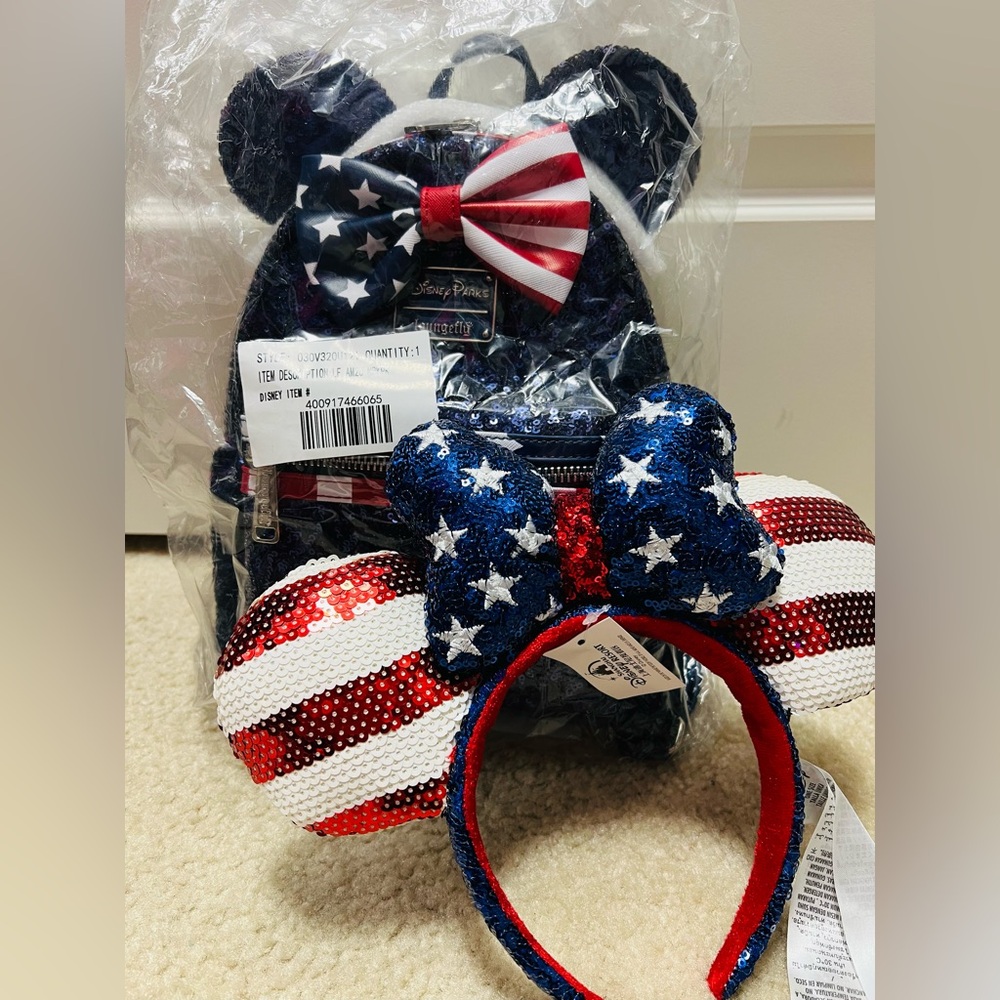 NWT Disney Loungefly Americana Navy Blue Sequin Backpack With Matching